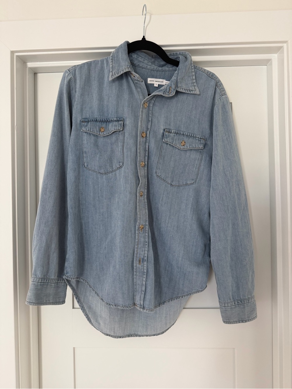 Good American Light Indigo Denim Button-Up Shirt